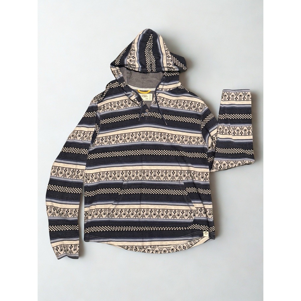 Free Planet‎ Men's Gray Blue Aztec Print Long Sleeve Pullover Cotton Hoodie LG